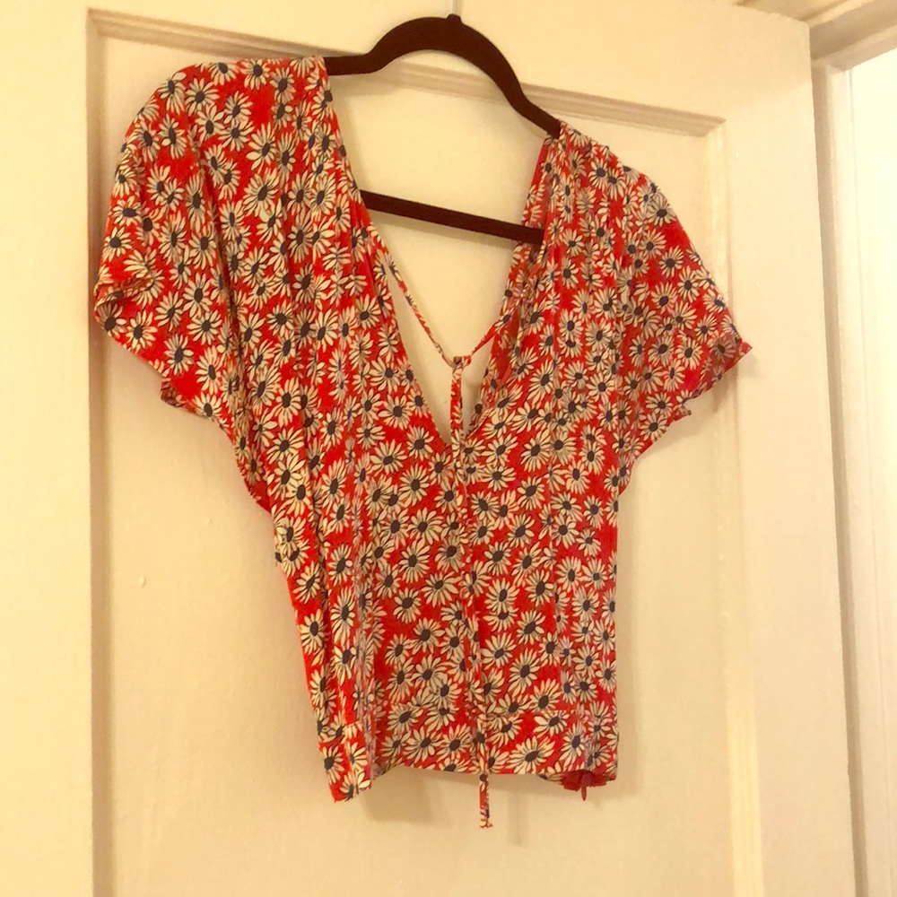 red with white and blue flowers woven blouse